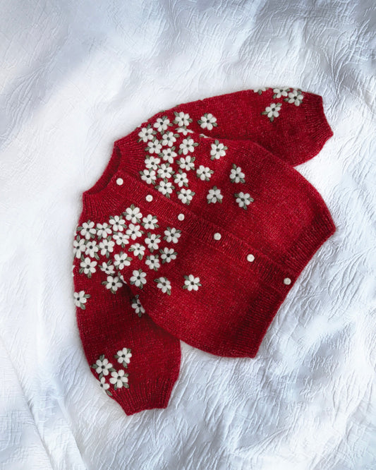 Red Daisywave Hand-Knitted Cardigan