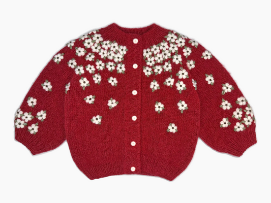 Red Daisywave Hand-Knitted Cardigan